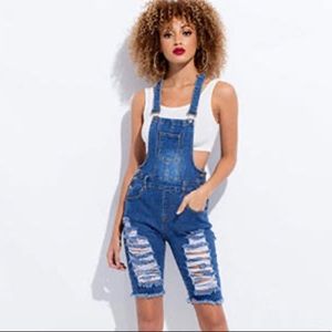 Women's Destroyed Denim Overall Shorts